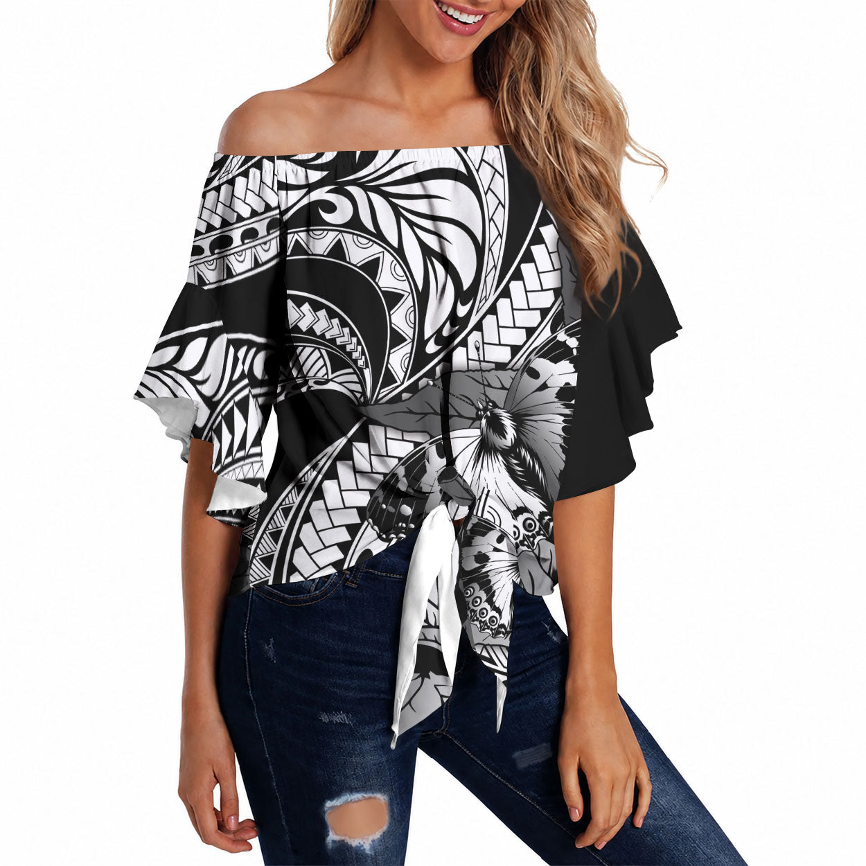 Kamehameha Butterfly Hawaii Off Shoulder Wrap Waist Top Hawaiian Pulelehua Mamaki Black Color
