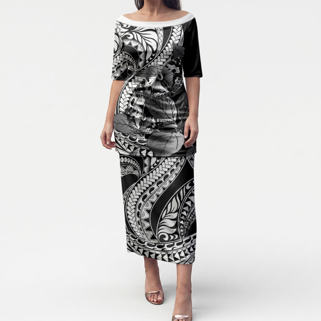 Kamehameha Butterfly Hawaii Puletasi Hawaiian Pulelehua Mamaki Black Color LT14 Long Dress Black - Polynesian Pride