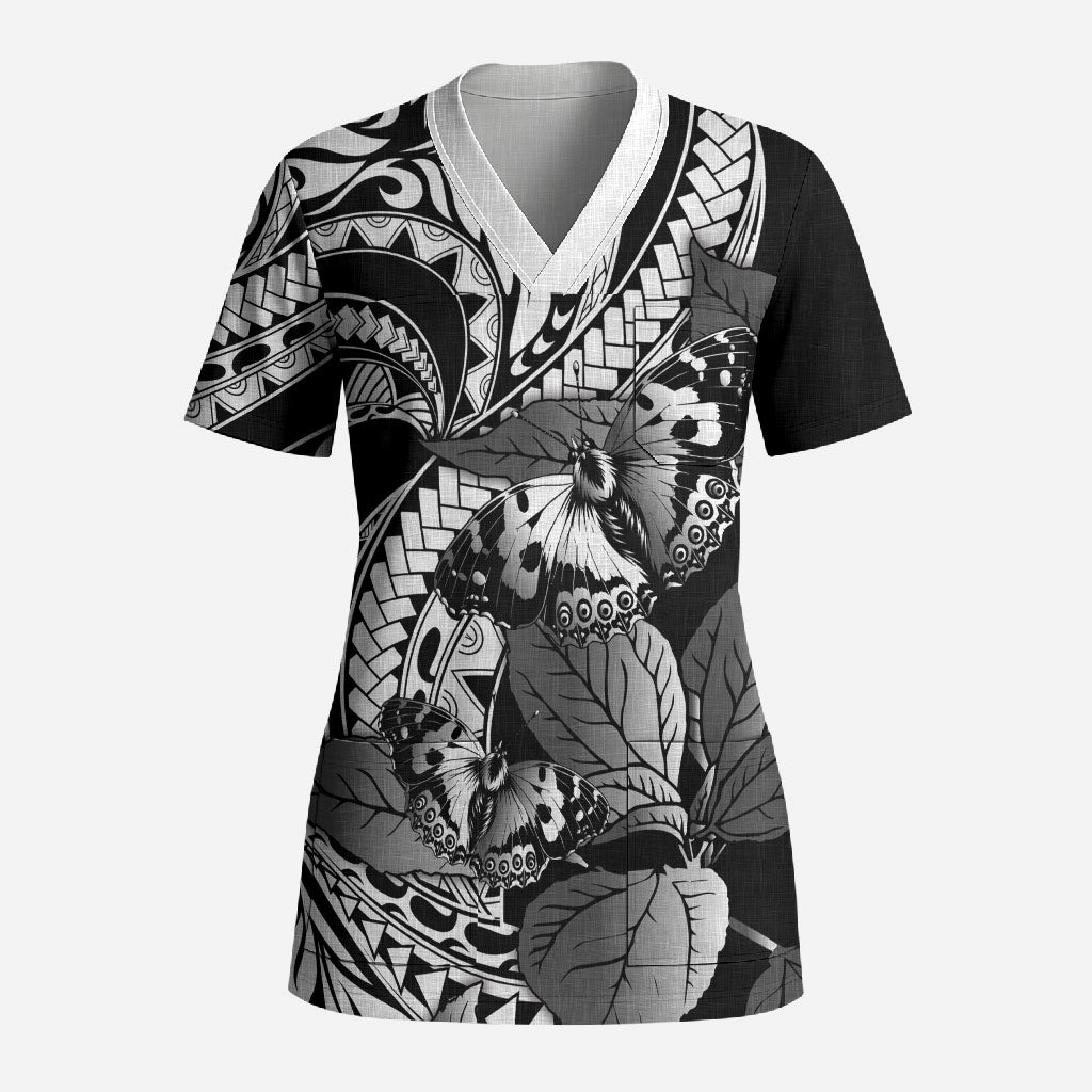 Kamehameha Butterfly Hawaii Scrub Top Hawaiian Pulelehua Mamaki Black Color LT14 Adult Black - Polynesian Pride