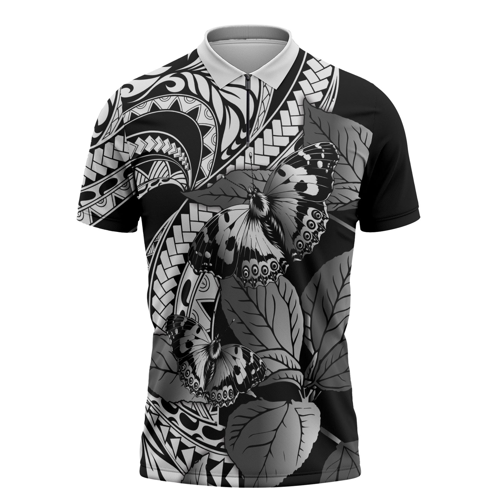 Kamehameha Butterfly Hawaii Zipper Polo Shirt Hawaiian Pulelehua Mamaki Black Color LT14 Black - Polynesian Pride