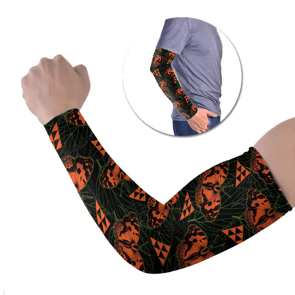 Kamehameha Butterfly Mamaki Hawaii Arm Sleeves Pulelehua Hawaiian Kakau Seamless Style LT14 Set of 2 Black - Polynesian Pride