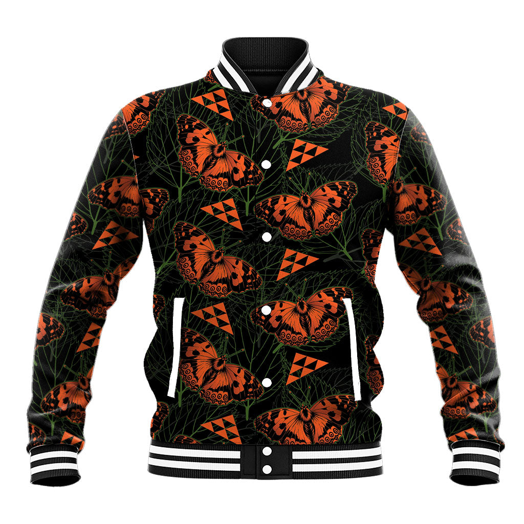 Kamehameha Butterfly Mamaki Hawaii Baseball Jacket Pulelehua Hawaiian Kakau Seamless Style LT14 Unisex Black - Polynesian Pride