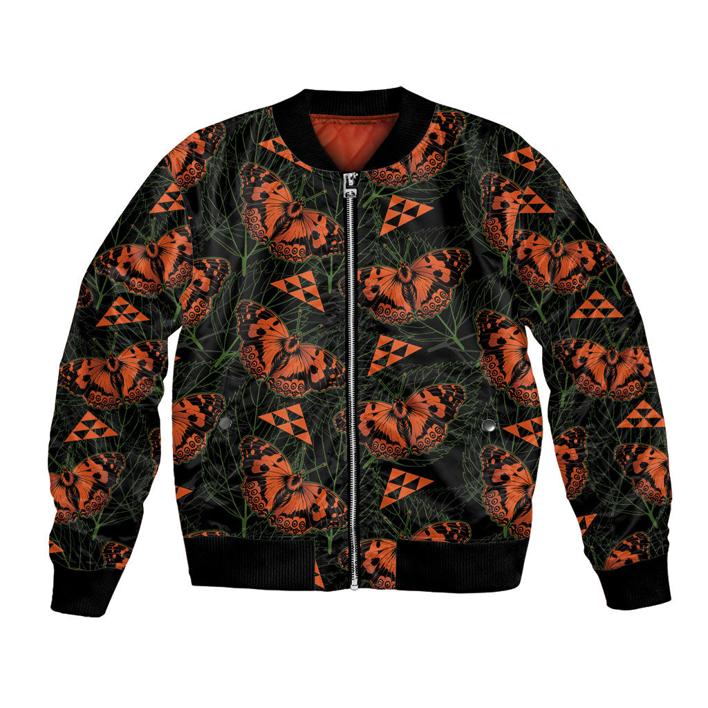 Kamehameha Butterfly Mamaki Hawaii Bomber Jacket Pulelehua Hawaiian Kakau Seamless Style LT14 Unisex Black - Polynesian Pride