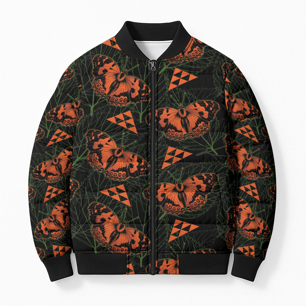Kamehameha Butterfly Mamaki Hawaii Bomber Puffer Jacket Pulelehua Hawaiian Kakau Seamless Style