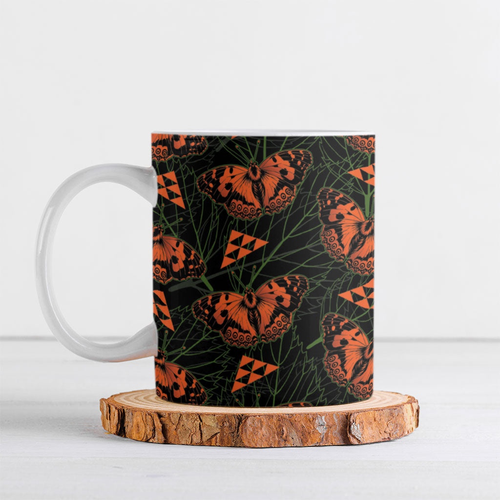 Kamehameha Butterfly Mamaki Hawaii Ceramic Mug Pulelehua Hawaiian Kakau Seamless Style