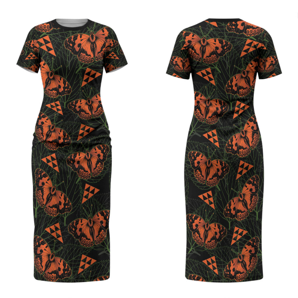 Kamehameha Butterfly Mamaki Hawaii Couples Matching Short Sleeve Bodycon Dress and Long Sleeve Button Shirt Pulelehua Hawaiian Kakau Seamless Style LT14 - Polynesian Pride