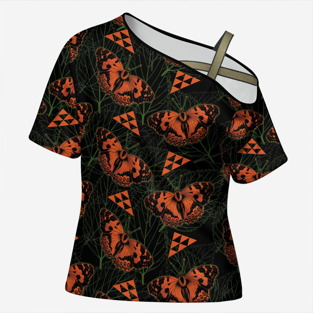 Kamehameha Butterfly Mamaki Hawaii Cross Shoulder Shirt Pulelehua Hawaiian Kakau Seamless Style LT14 Female Black - Polynesian Pride