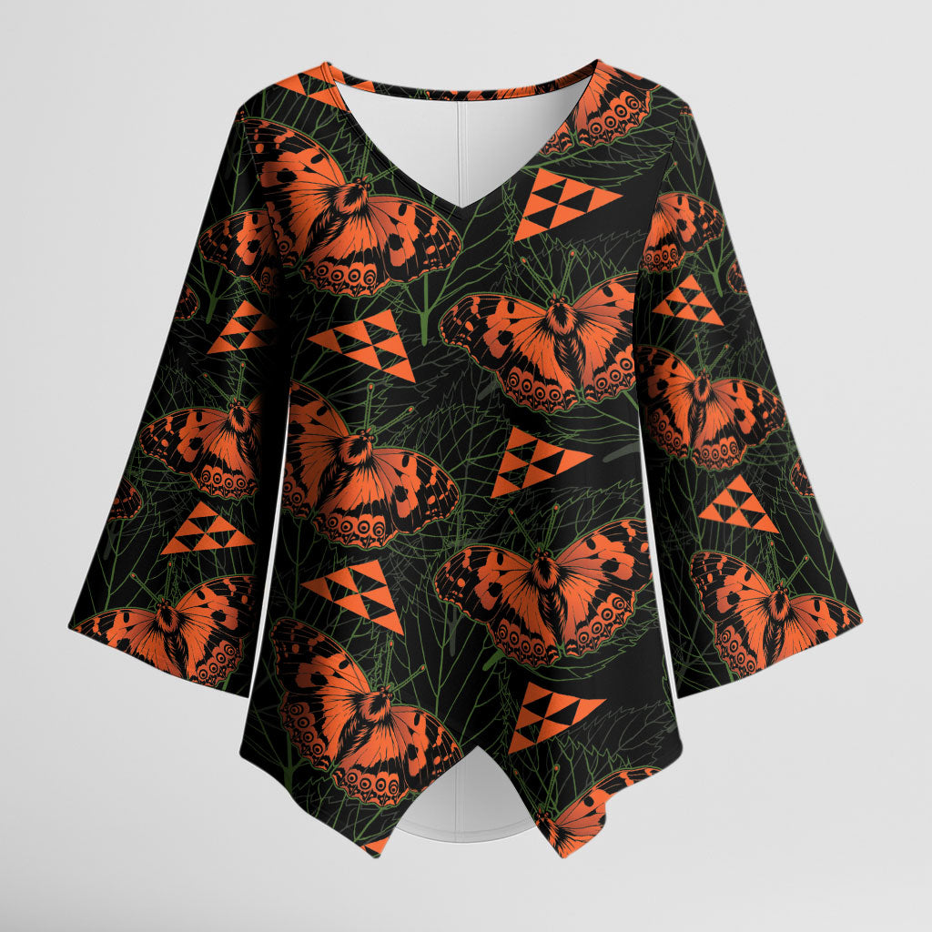 Kamehameha Butterfly Mamaki Hawaii Kimono Sleeve Blouse Pulelehua Hawaiian Kakau Seamless Style LT14 Female Black - Polynesian Pride