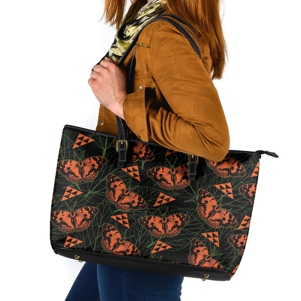 Kamehameha Butterfly Mamaki Hawaii Leather Tote Bag Pulelehua Hawaiian Kakau Seamless Style LT14 Black - Polynesian Pride