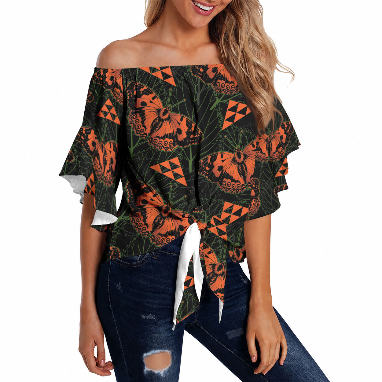 Kamehameha Butterfly Mamaki Hawaii Off Shoulder Wrap Waist Top Pulelehua Hawaiian Kakau Seamless Style
