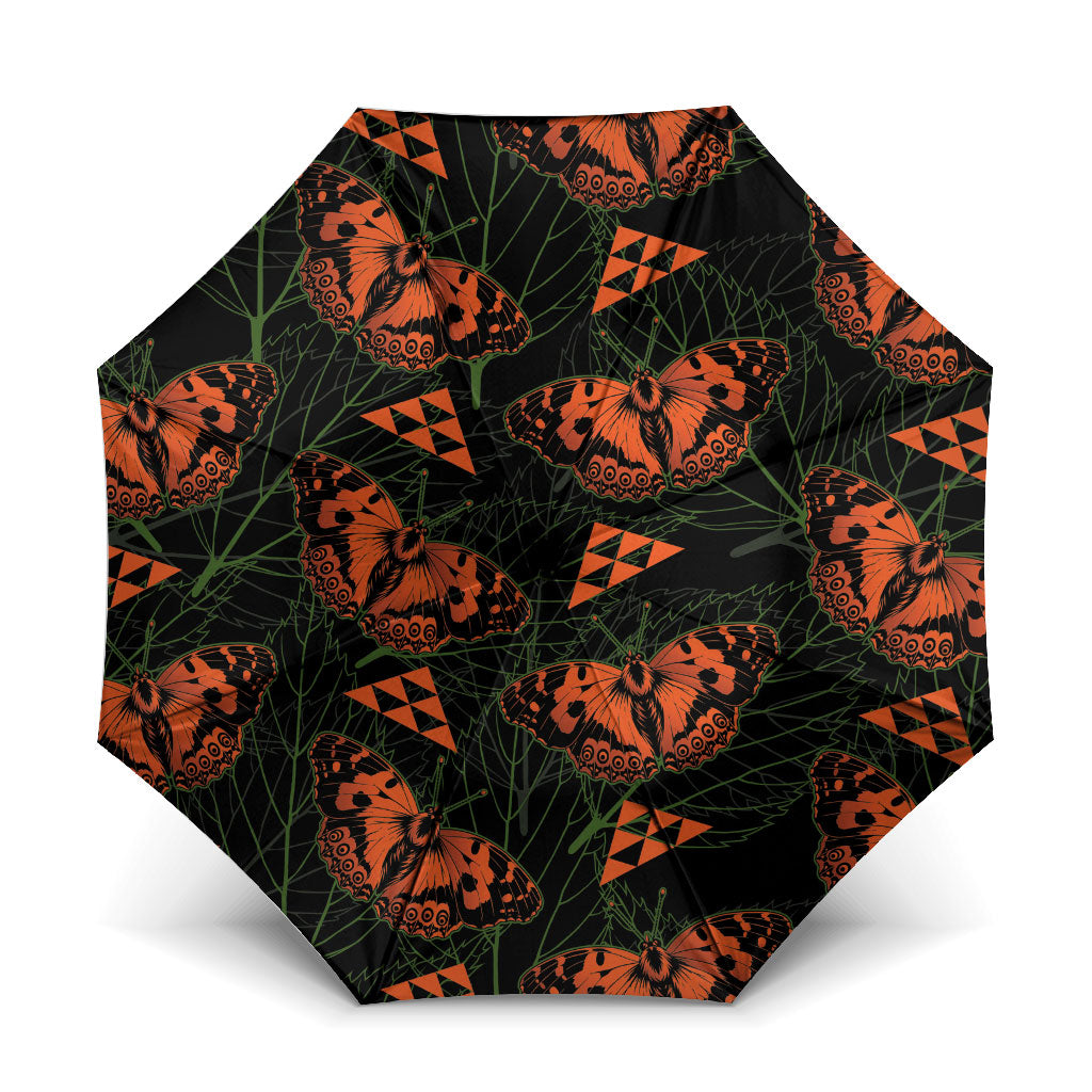 Kamehameha Butterfly Mamaki Hawaii Umbrella Pulelehua Hawaiian Kakau Seamless Style LT14 One Size Folded 11.42 inch Opened Diameter 37.4 inch Black - Polynesian Pride