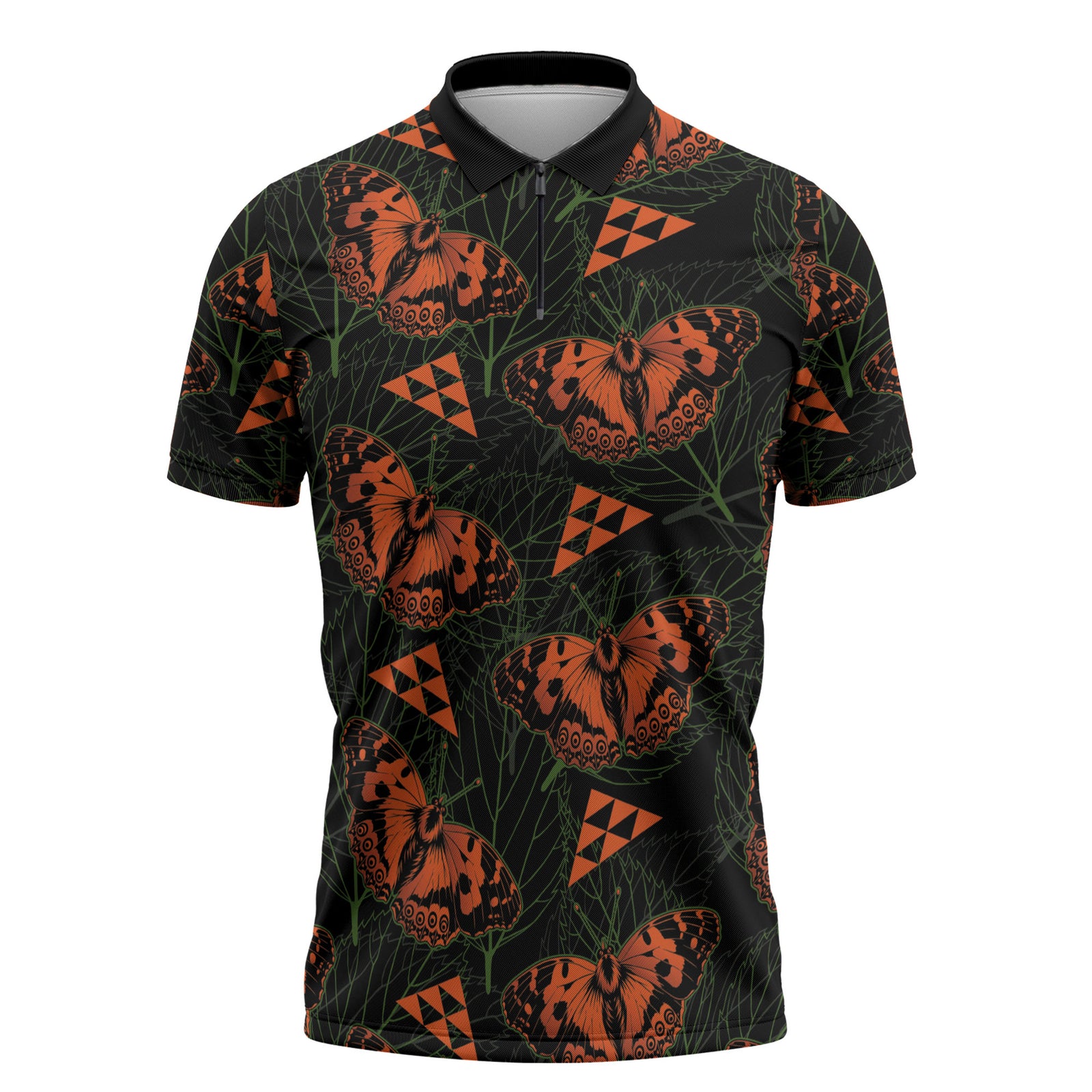 Kamehameha Butterfly Mamaki Hawaii Zipper Polo Shirt Pulelehua Hawaiian Kakau Seamless Style LT14 Black - Polynesian Pride