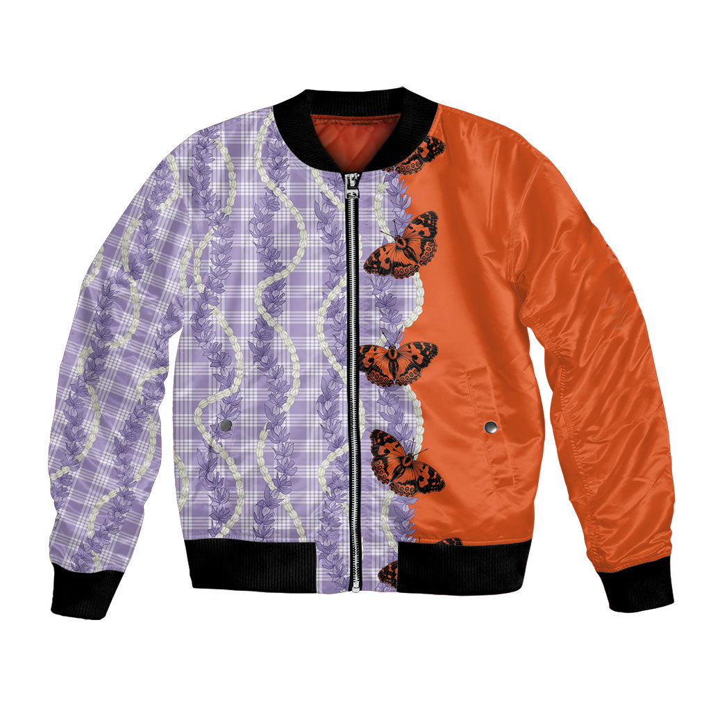 Kamehameha Butterfly Palaka Hawaii Bomber Jacket Pulelehua Honohono Pikake Lei LT14 Unisex Purple - Polynesian Pride