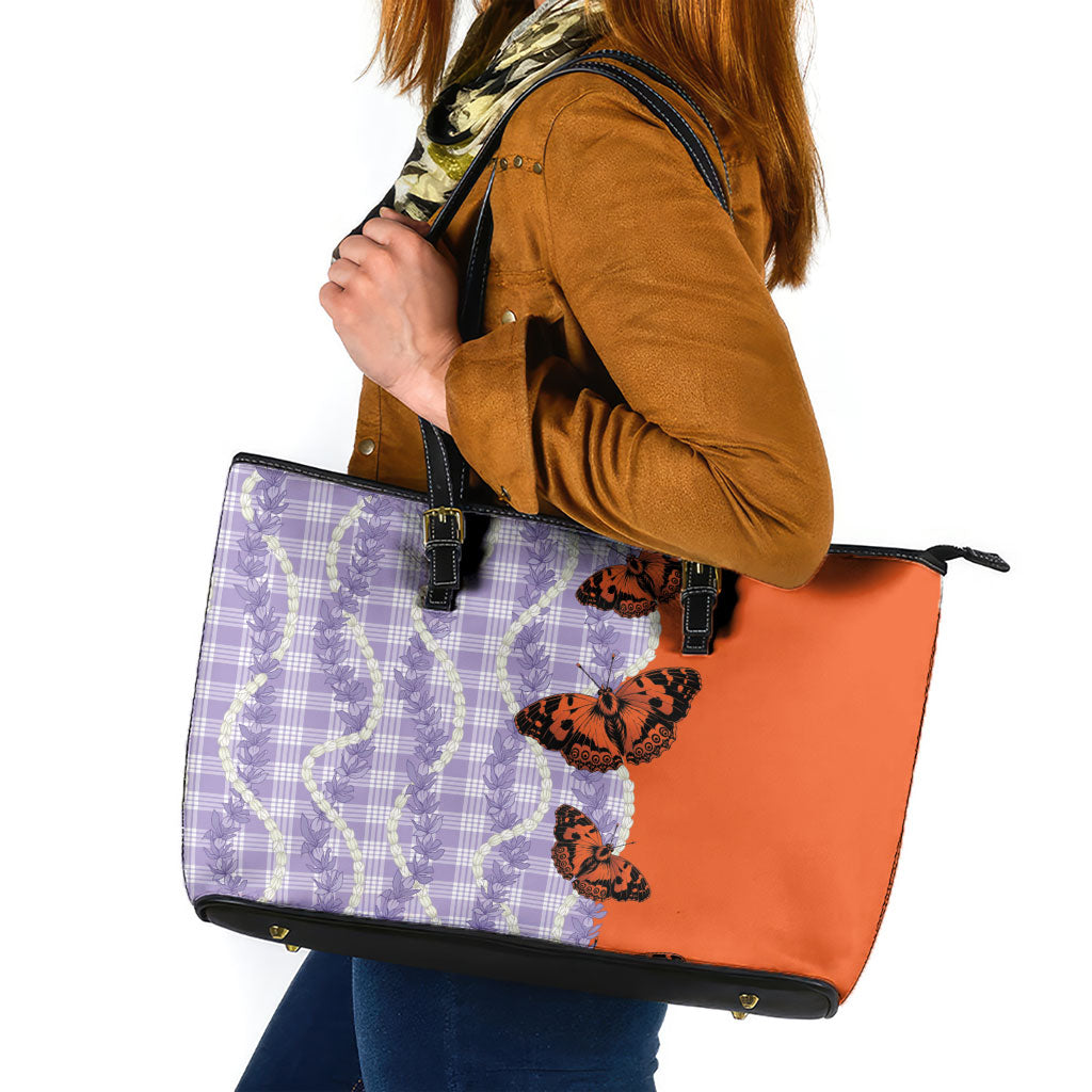 Kamehameha Butterfly Palaka Hawaii Leather Tote Bag Pulelehua Honohono Pikake Lei LT14 Purple - Polynesian Pride