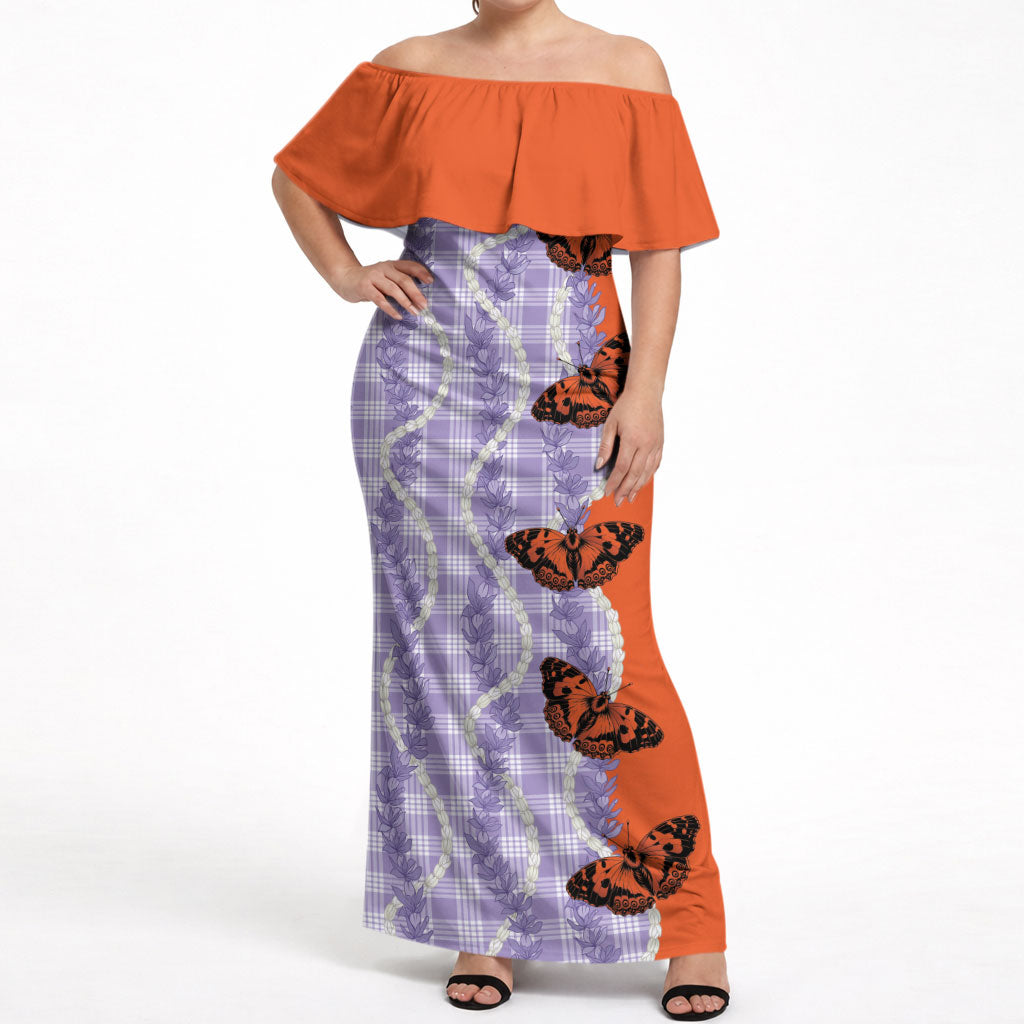 Kamehameha Butterfly Palaka Hawaii Off Shoulder Maxi Dress Pulelehua Honohono Pikake Lei