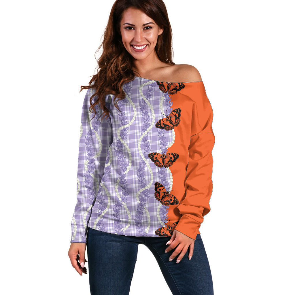 Kamehameha Butterfly Palaka Hawaii Off Shoulder Sweater Pulelehua Honohono Pikake Lei LT14 Women Purple - Polynesian Pride