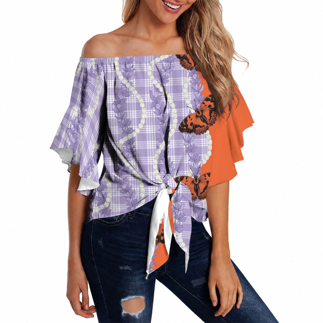 Kamehameha Butterfly Palaka Hawaii Off Shoulder Wrap Waist Top Pulelehua Honohono Pikake Lei