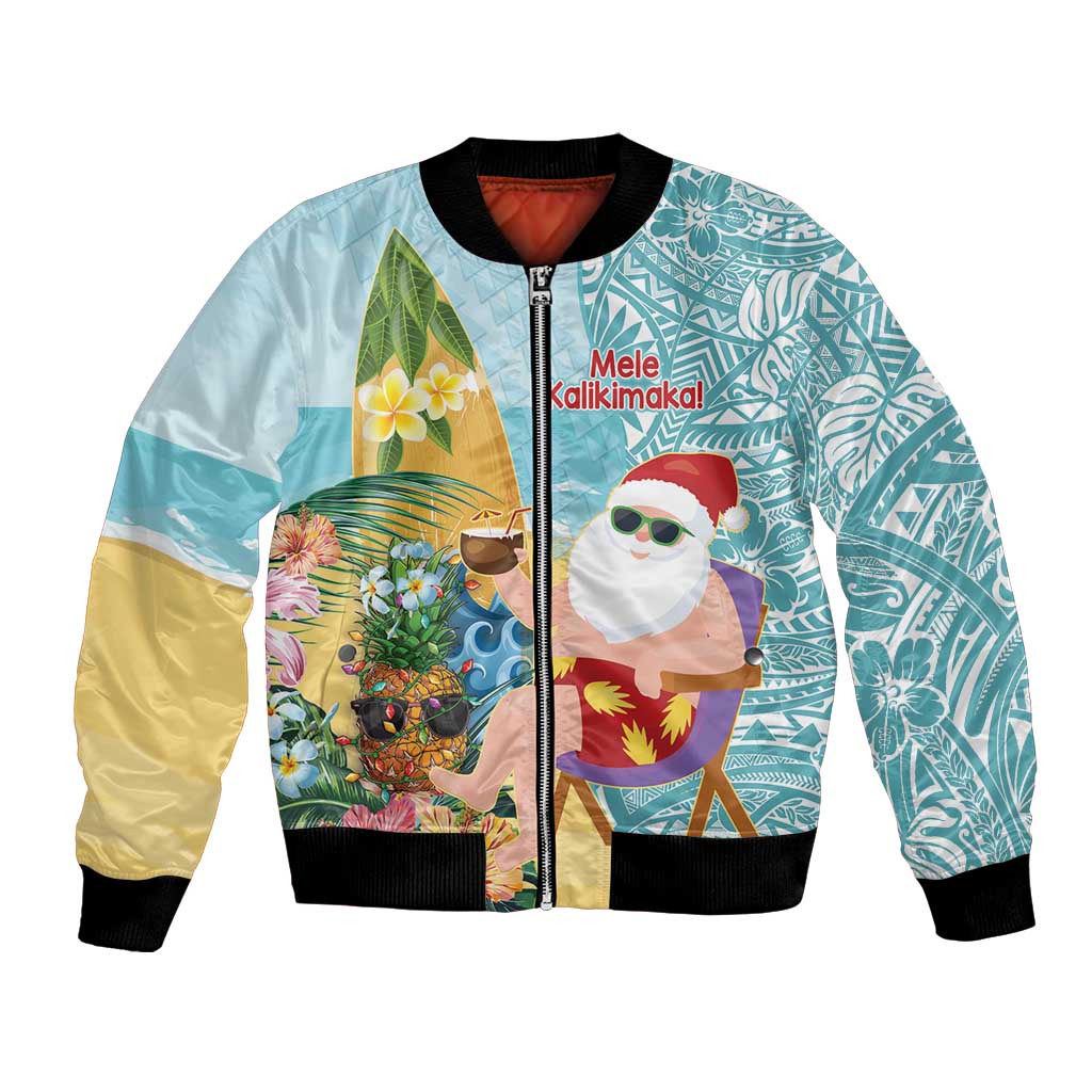 Aloha Hawaii Mele Kalikimaka Bomber Jacket Chilling Santa With Pineapple - Polynesian Pattern LT14 Unisex Cyan - Polynesian Pride