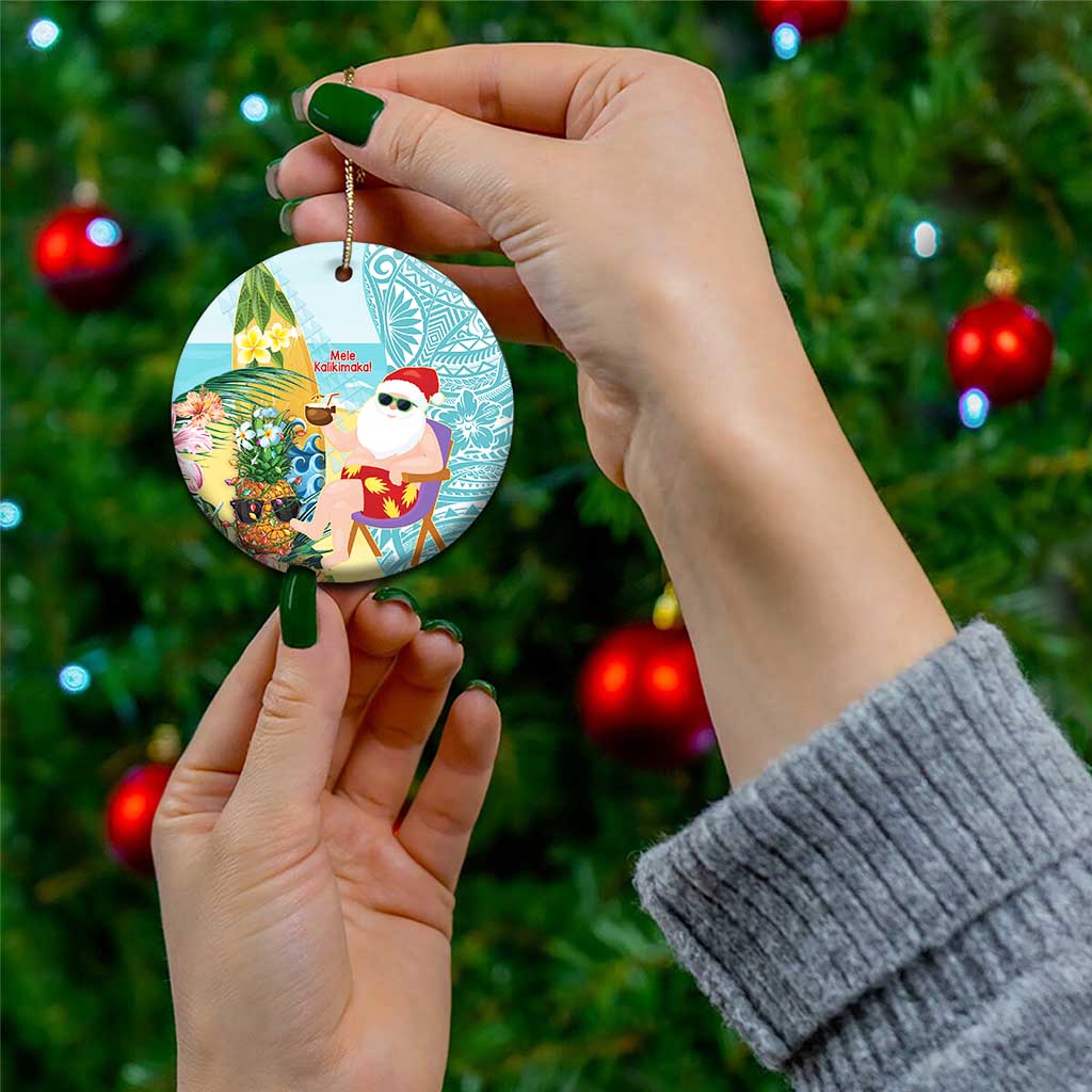 Aloha Hawaii Mele Kalikimaka Ceramic Ornament Chilling Santa With Pineapple - Polynesian Pattern