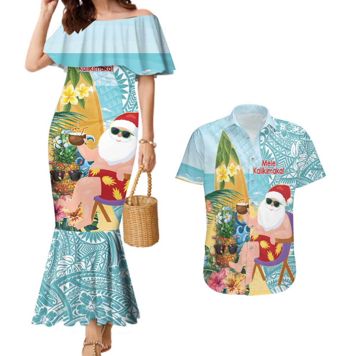 Aloha Hawaii Mele Kalikimaka Couples Matching Mermaid Dress and Hawaiian Shirt Chilling Santa With Pineapple - Polynesian Pattern LT14 Cyan - Polynesian Pride