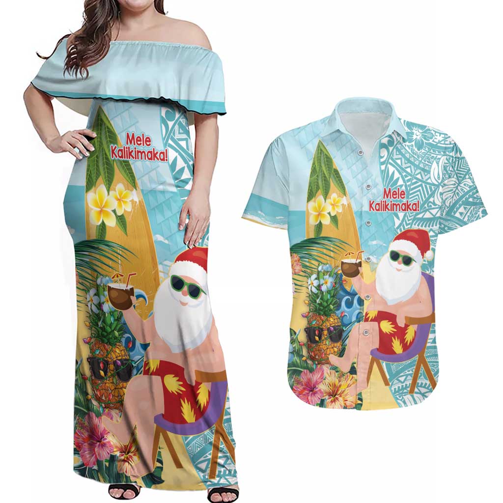 Aloha Hawaii Mele Kalikimaka Couples Matching Off Shoulder Maxi Dress and Hawaiian Shirt Chilling Santa With Pineapple - Polynesian Pattern LT14 Cyan - Polynesian Pride
