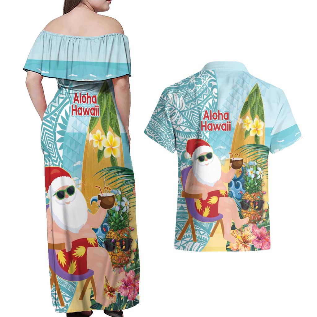 Aloha Hawaii Mele Kalikimaka Couples Matching Off Shoulder Maxi Dress and Hawaiian Shirt Chilling Santa With Pineapple - Polynesian Pattern LT14 - Polynesian Pride