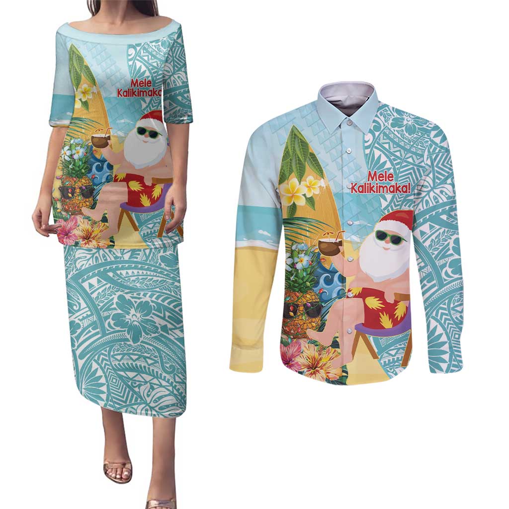 Aloha Hawaii Mele Kalikimaka Couples Matching Puletasi and Long Sleeve Button Shirt Chilling Santa With Pineapple - Polynesian Pattern LT14 Cyan - Polynesian Pride