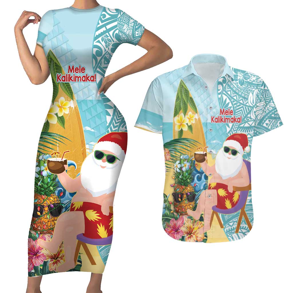 Aloha Hawaii Mele Kalikimaka Couples Matching Short Sleeve Bodycon Dress and Hawaiian Shirt Chilling Santa With Pineapple - Polynesian Pattern LT14 Cyan - Polynesian Pride