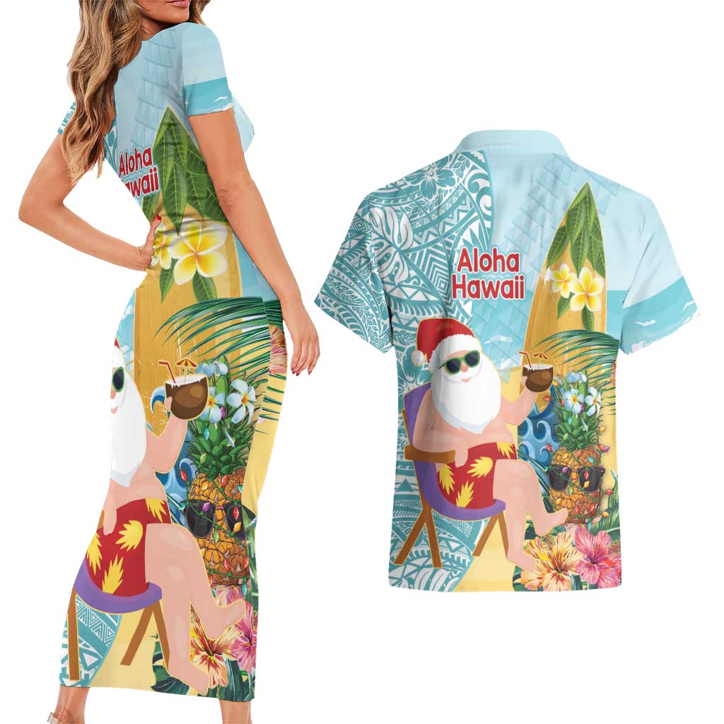 Aloha Hawaii Mele Kalikimaka Couples Matching Short Sleeve Bodycon Dress and Hawaiian Shirt Chilling Santa With Pineapple - Polynesian Pattern LT14 - Polynesian Pride