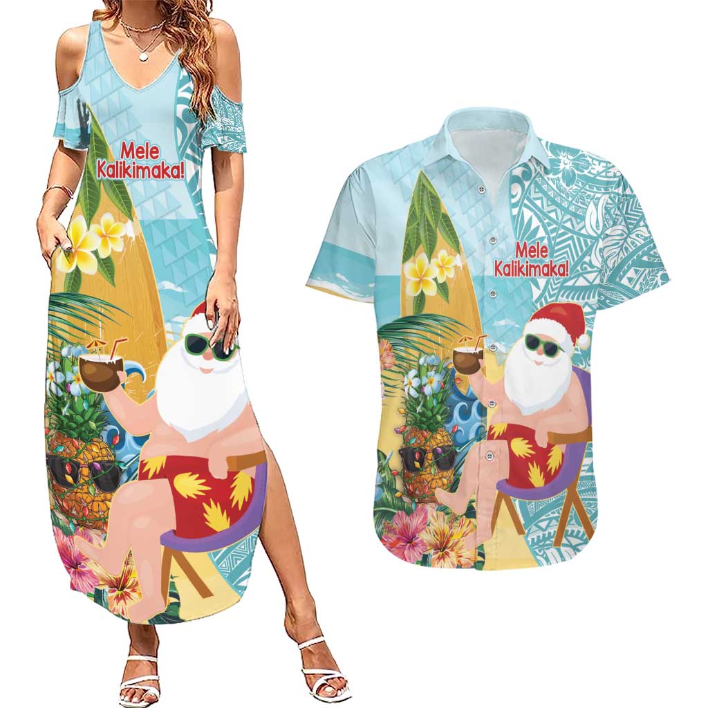 Aloha Hawaii Mele Kalikimaka Couples Matching Summer Maxi Dress and Hawaiian Shirt Chilling Santa With Pineapple - Polynesian Pattern LT14 Cyan - Polynesian Pride