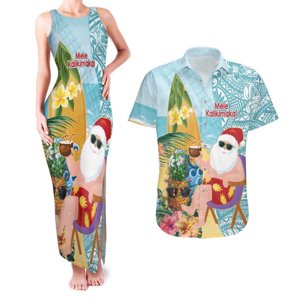 Aloha Hawaii Mele Kalikimaka Couples Matching Tank Maxi Dress and Hawaiian Shirt Chilling Santa With Pineapple - Polynesian Pattern LT14 Cyan - Polynesian Pride