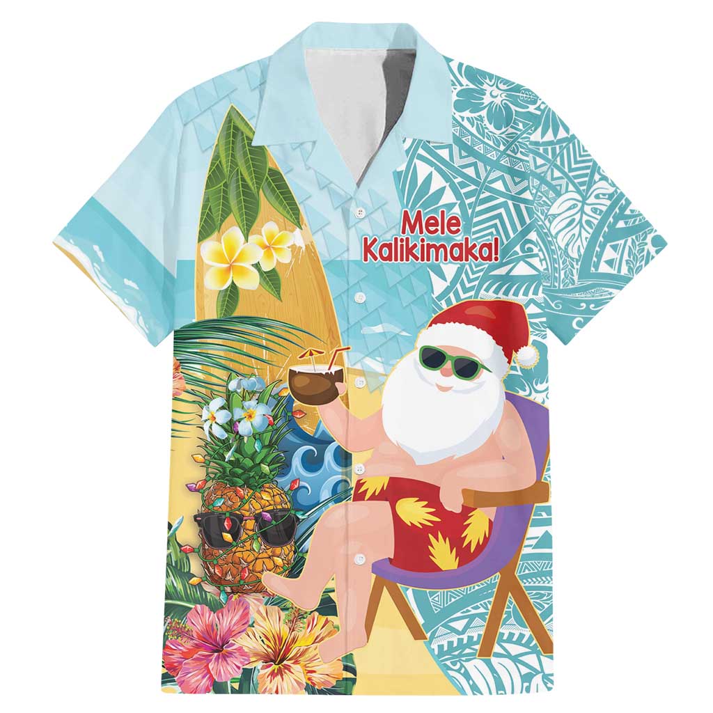 Aloha Hawaii Mele Kalikimaka Family Matching Mermaid Dress and Hawaiian Shirt Chilling Santa With Pineapple - Polynesian Pattern LT14 Dad's Shirt - Short Sleeve Cyan - Polynesian Pride