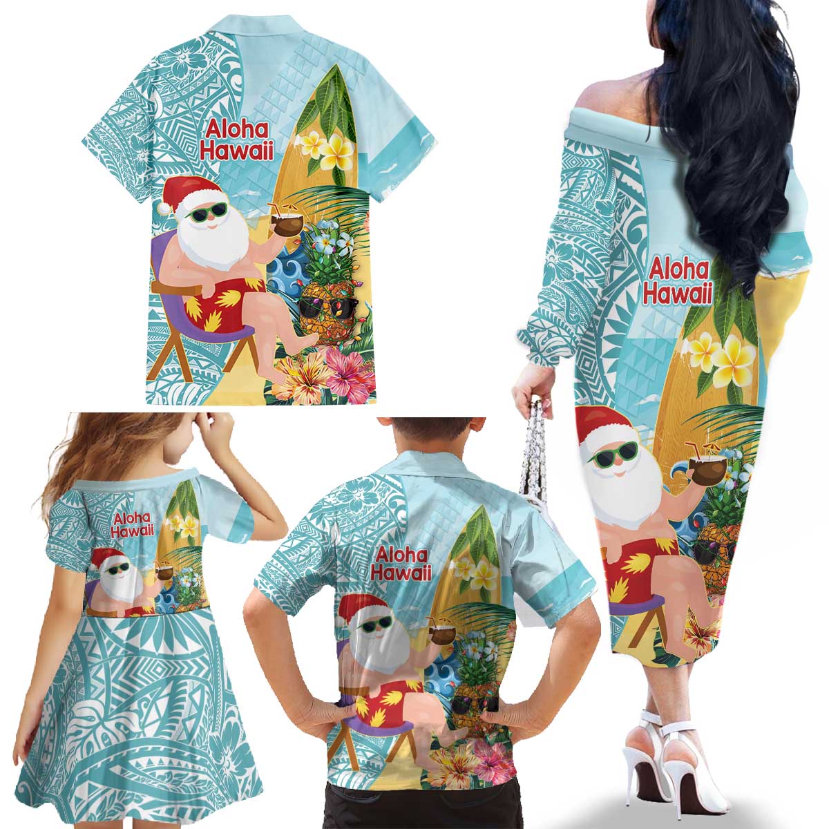 Aloha Hawaii Mele Kalikimaka Family Matching Off The Shoulder Long Sleeve Dress and Hawaiian Shirt Chilling Santa With Pineapple - Polynesian Pattern LT14 - Polynesian Pride