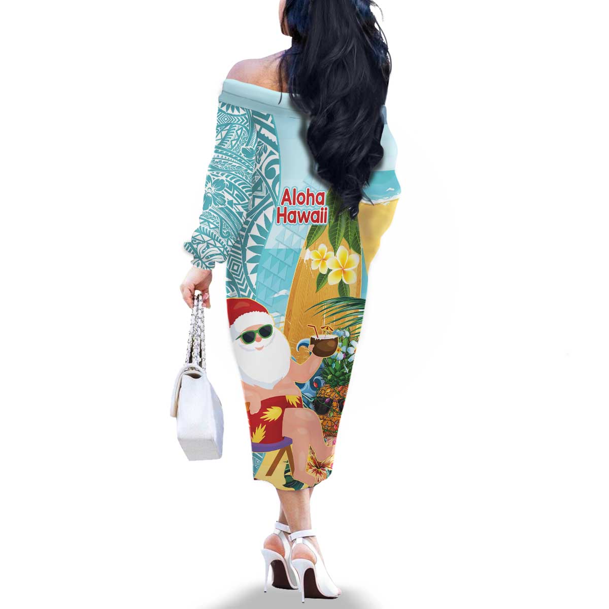 Aloha Hawaii Mele Kalikimaka Family Matching Off The Shoulder Long Sleeve Dress and Hawaiian Shirt Chilling Santa With Pineapple - Polynesian Pattern LT14 - Polynesian Pride