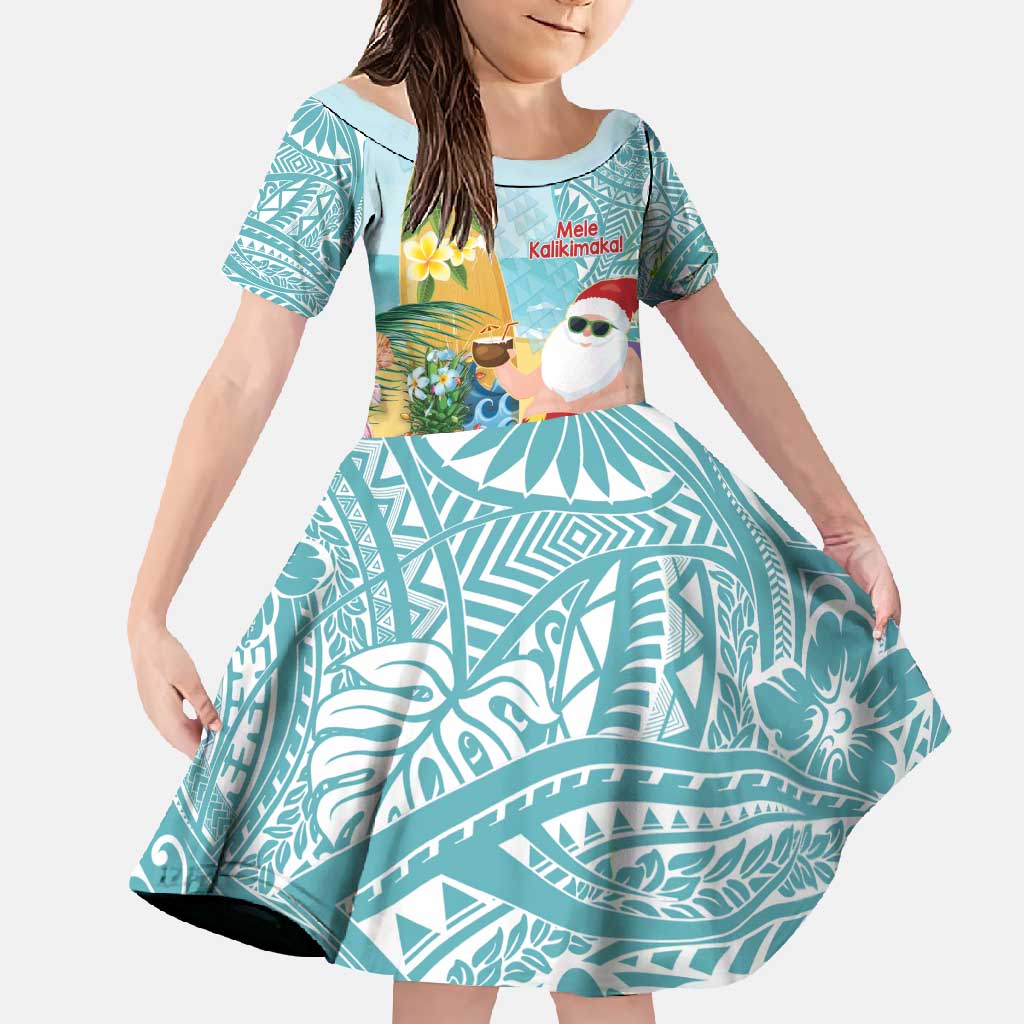 Aloha Hawaii Mele Kalikimaka Family Matching Off Shoulder Maxi Dress and Hawaiian Shirt Chilling Santa With Pineapple - Polynesian Pattern LT14 Daughter's Dress Cyan - Polynesian Pride