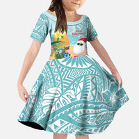Aloha Hawaii Mele Kalikimaka Family Matching Off Shoulder Maxi Dress and Hawaiian Shirt Chilling Santa With Pineapple - Polynesian Pattern LT14 Daughter's Dress Cyan - Polynesian Pride