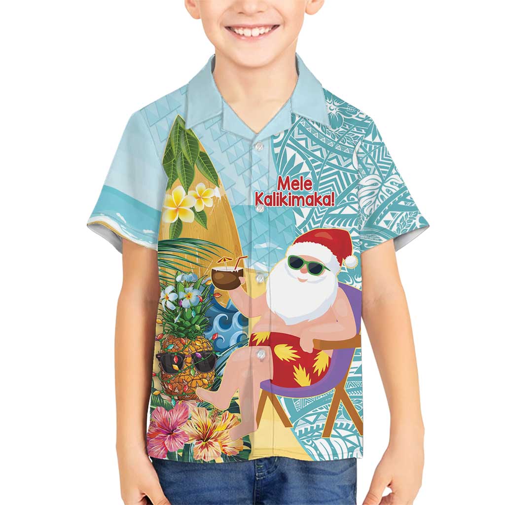 Aloha Hawaii Mele Kalikimaka Family Matching Off Shoulder Maxi Dress and Hawaiian Shirt Chilling Santa With Pineapple - Polynesian Pattern LT14 Son's Shirt Cyan - Polynesian Pride