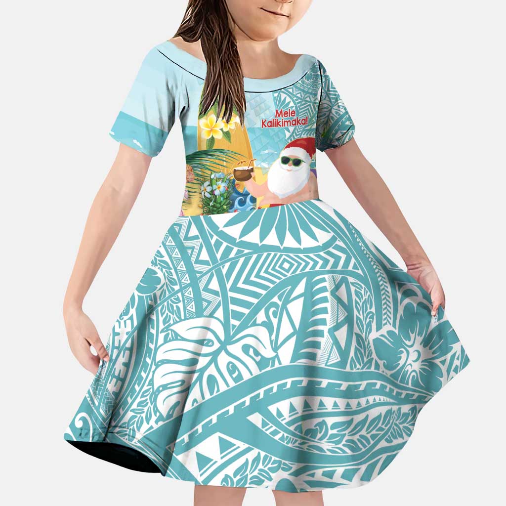 Aloha Hawaii Mele Kalikimaka Family Matching Puletasi and Hawaiian Shirt Chilling Santa With Pineapple - Polynesian Pattern LT14 Daughter's Dress Cyan - Polynesian Pride