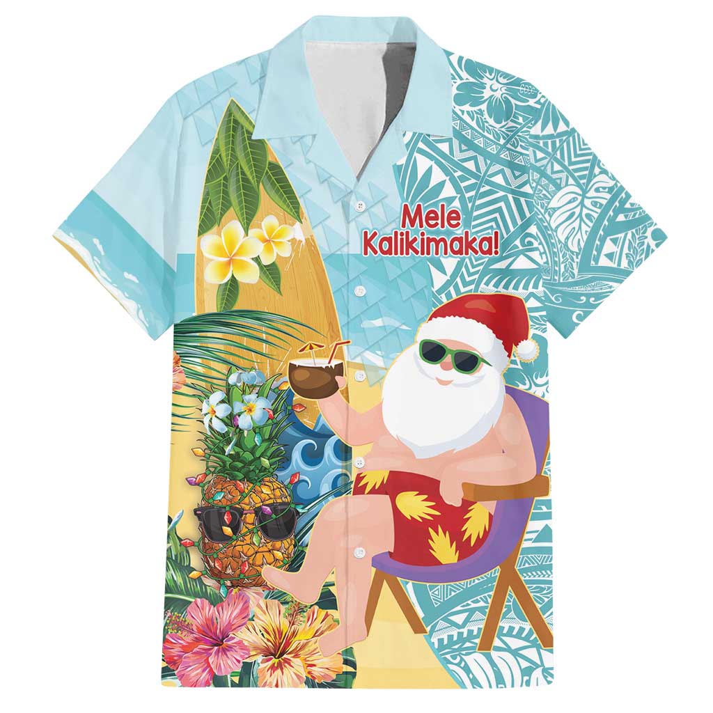 Aloha Hawaii Mele Kalikimaka Family Matching Puletasi and Hawaiian Shirt Chilling Santa With Pineapple - Polynesian Pattern LT14 Dad's Shirt - Short Sleeve Cyan - Polynesian Pride
