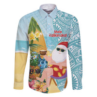 Aloha Hawaii Mele Kalikimaka Family Matching Puletasi and Hawaiian Shirt Chilling Santa With Pineapple - Polynesian Pattern LT14 Dad's Shirt - Long Sleeve Cyan - Polynesian Pride