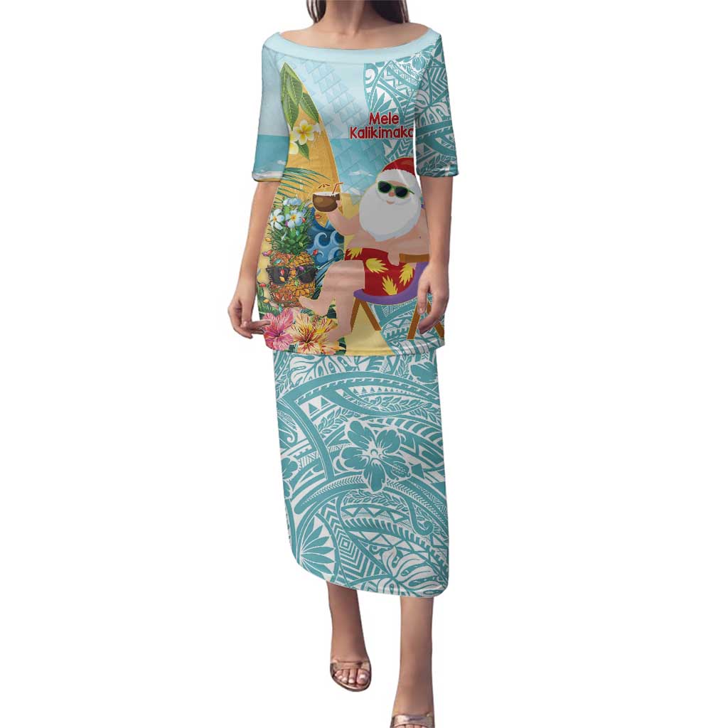 Aloha Hawaii Mele Kalikimaka Family Matching Puletasi and Hawaiian Shirt Chilling Santa With Pineapple - Polynesian Pattern LT14 Mom's Dress Cyan - Polynesian Pride