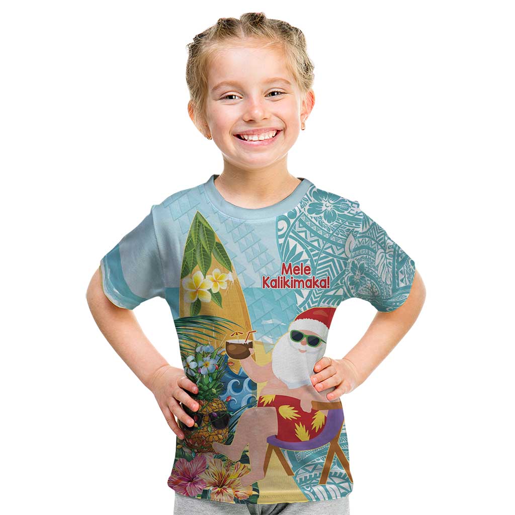 Aloha Hawaii Mele Kalikimaka Kid T Shirt Chilling Santa With Pineapple - Polynesian Pattern LT14 Cyan - Polynesian Pride