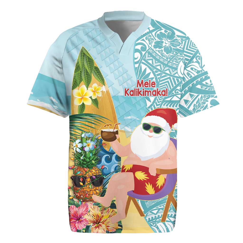 Aloha Hawaii Mele Kalikimaka Rugby Jersey Chilling Santa With Pineapple - Polynesian Pattern LT14 Cyan - Polynesian Pride