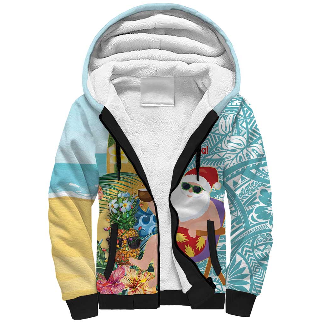 Aloha Hawaii Mele Kalikimaka Sherpa Hoodie Chilling Santa With Pineapple - Polynesian Pattern LT14 Unisex Cyan - Polynesian Pride