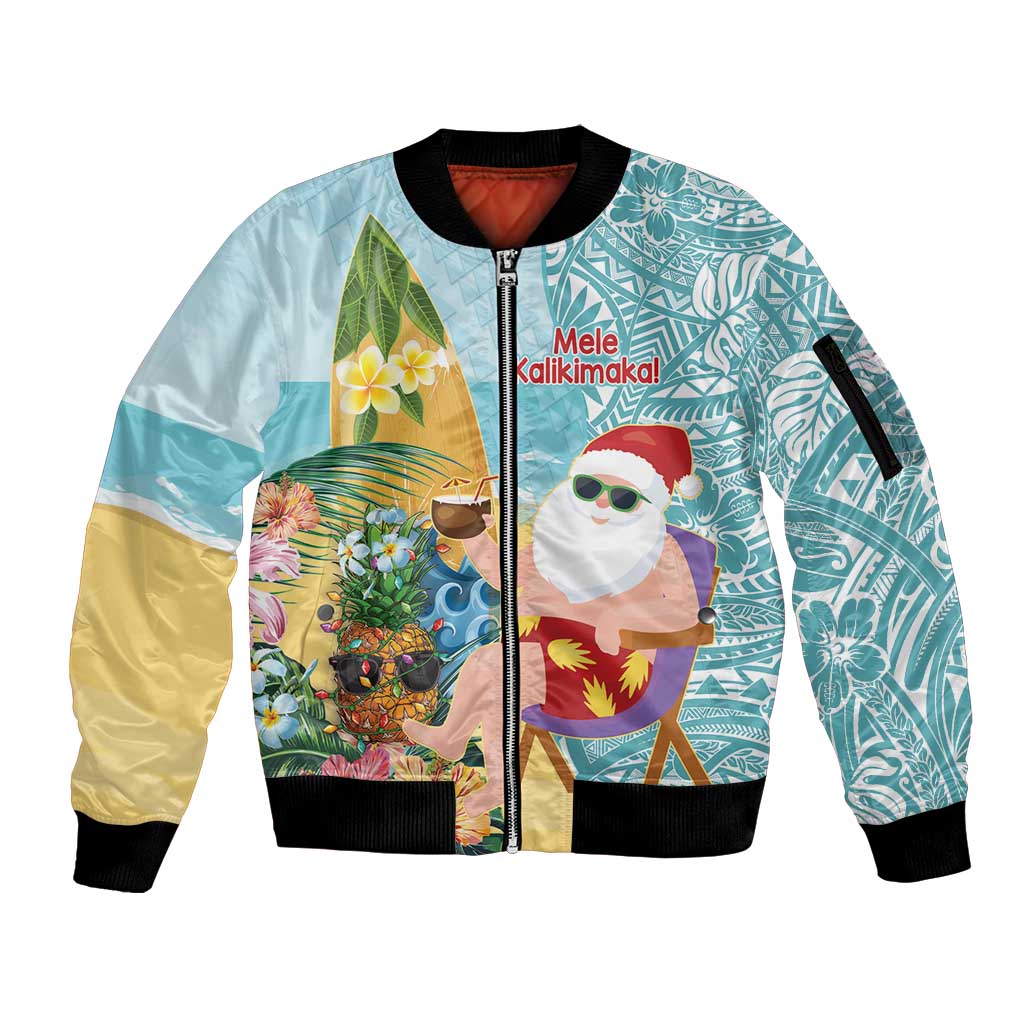 Aloha Hawaii Mele Kalikimaka Sleeve Zip Bomber Jacket Chilling Santa With Pineapple - Polynesian Pattern LT14 Unisex Cyan - Polynesian Pride