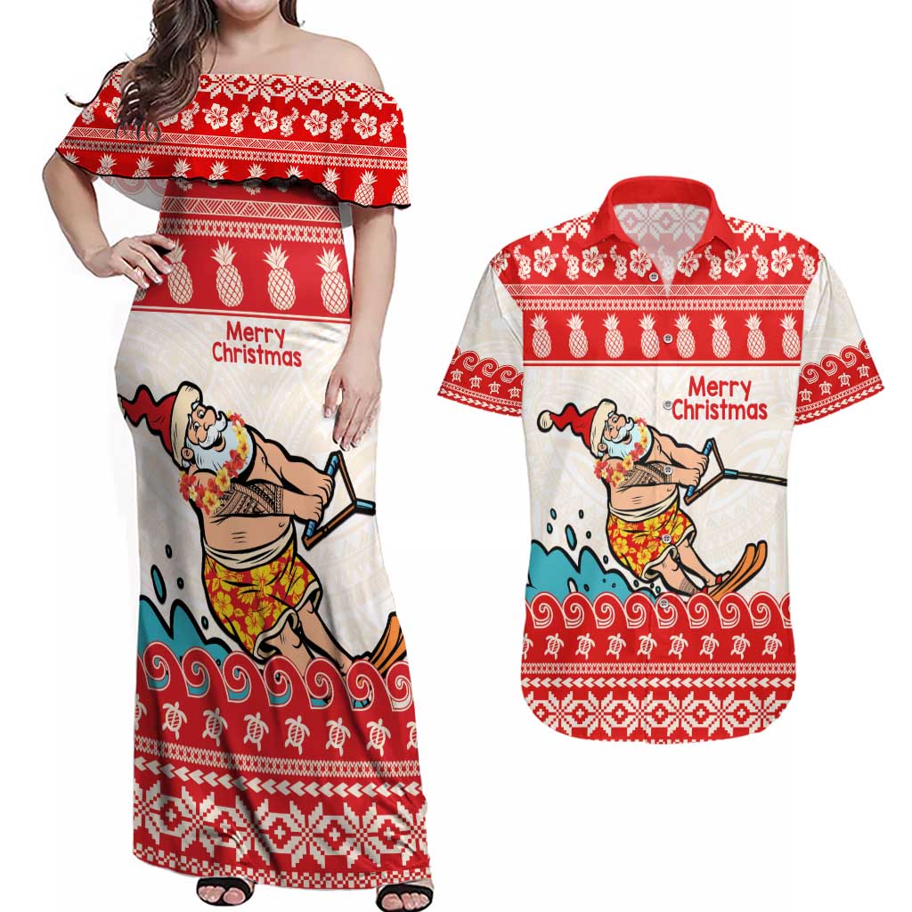 Mele Kalikimaka Hawaii Couples Matching Off Shoulder Maxi Dress and Hawaiian Shirt Water-skiing Santa Tropical Vibes LT14 Red - Polynesian Pride