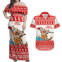 Mele Kalikimaka Hawaii Couples Matching Off Shoulder Maxi Dress and Hawaiian Shirt Water-skiing Santa Tropical Vibes LT14 Red - Polynesian Pride