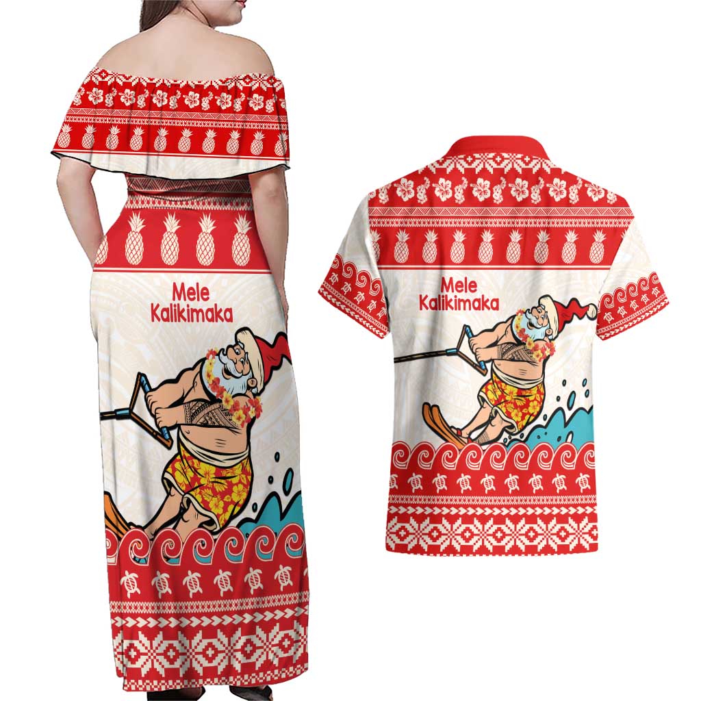 Mele Kalikimaka Hawaii Couples Matching Off Shoulder Maxi Dress and Hawaiian Shirt Water-skiing Santa Tropical Vibes LT14 - Polynesian Pride