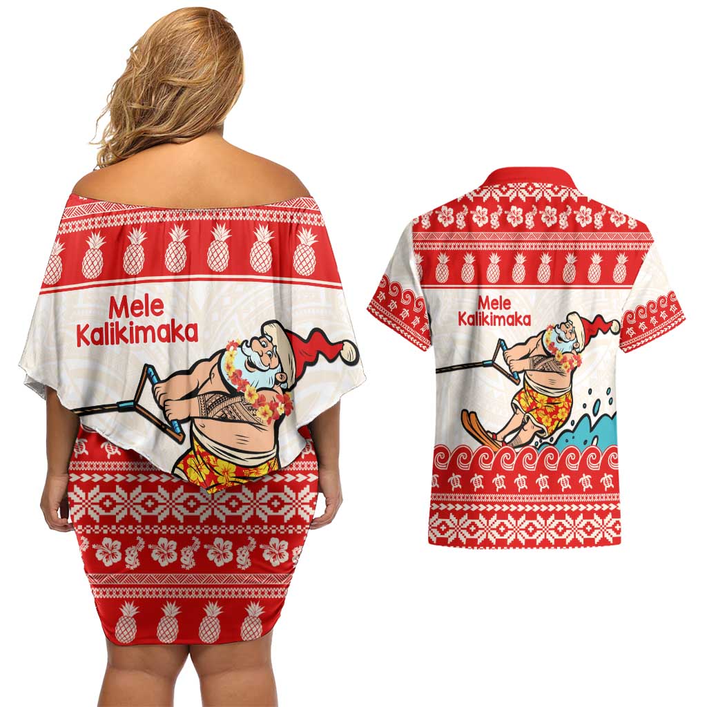 Mele Kalikimaka Hawaii Couples Matching Off Shoulder Short Dress and Hawaiian Shirt Water-skiing Santa Tropical Vibes LT14 - Polynesian Pride