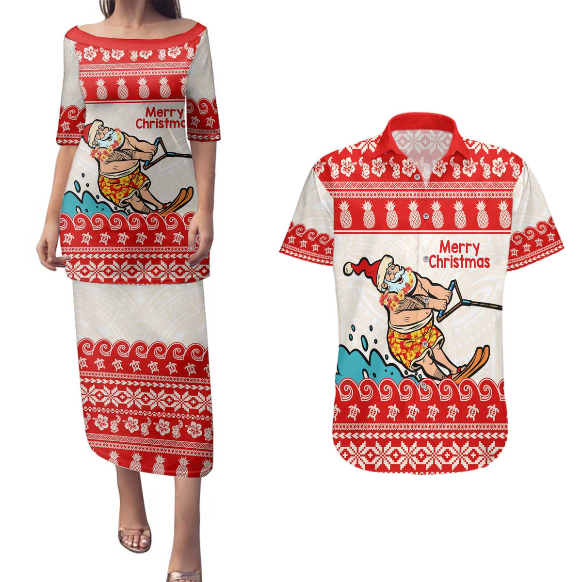 Mele Kalikimaka Hawaii Couples Matching Puletasi and Hawaiian Shirt Water-skiing Santa Tropical Vibes LT14 Red - Polynesian Pride